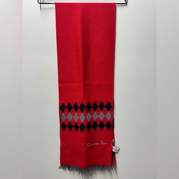 Christian Dior Wool Red Checkered Scarf with “Christian Dior” Script - Picture 1 of 7